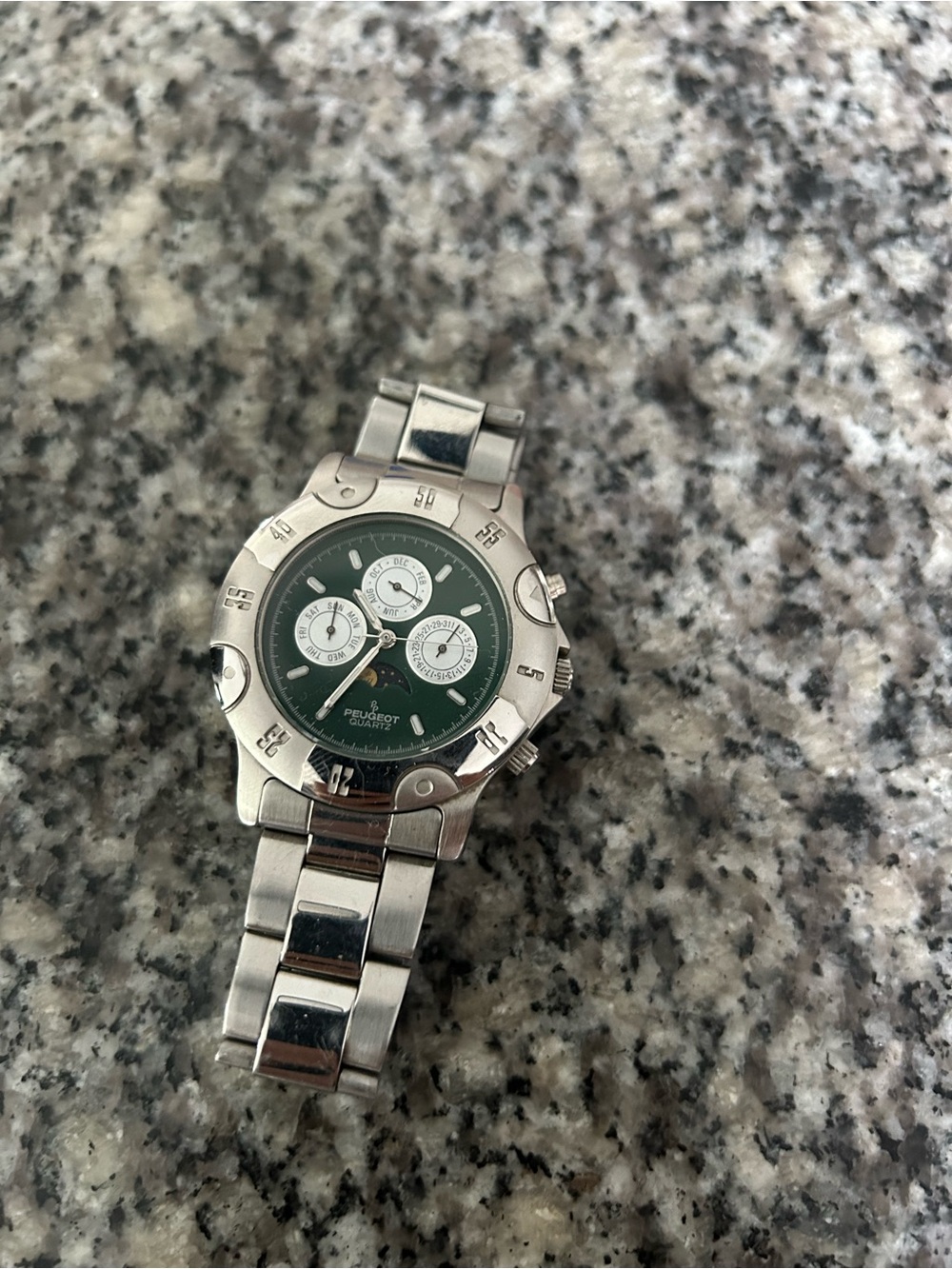 Vintage Peugeot Quartz Multifunction Green Dial Watch Moon Phase 90’s